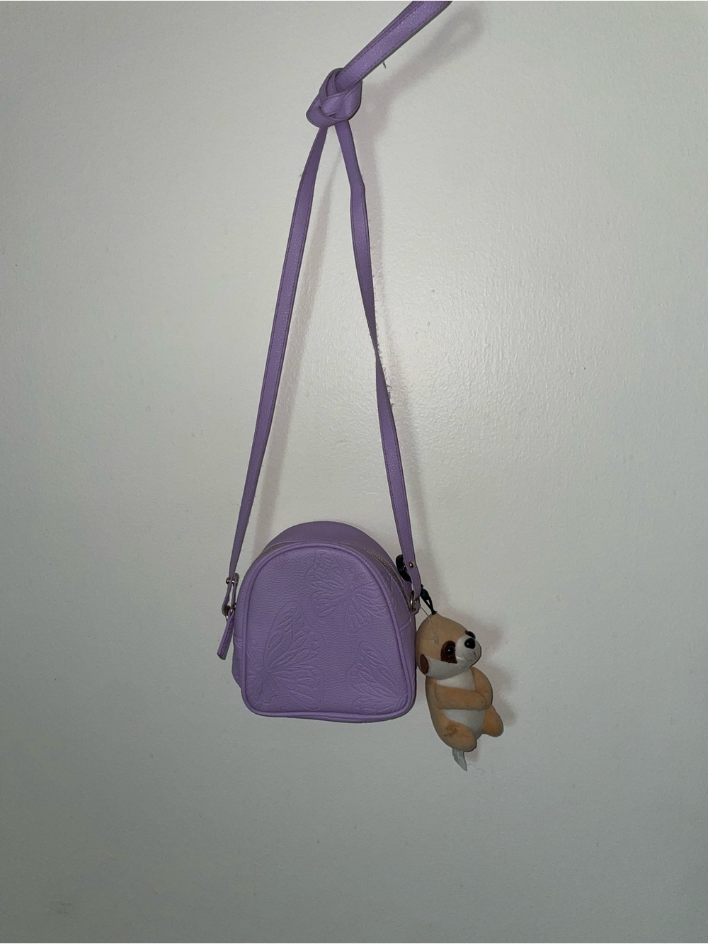Lilac Butterfly Embossed Kids Crossbody Bag with Plush Charm